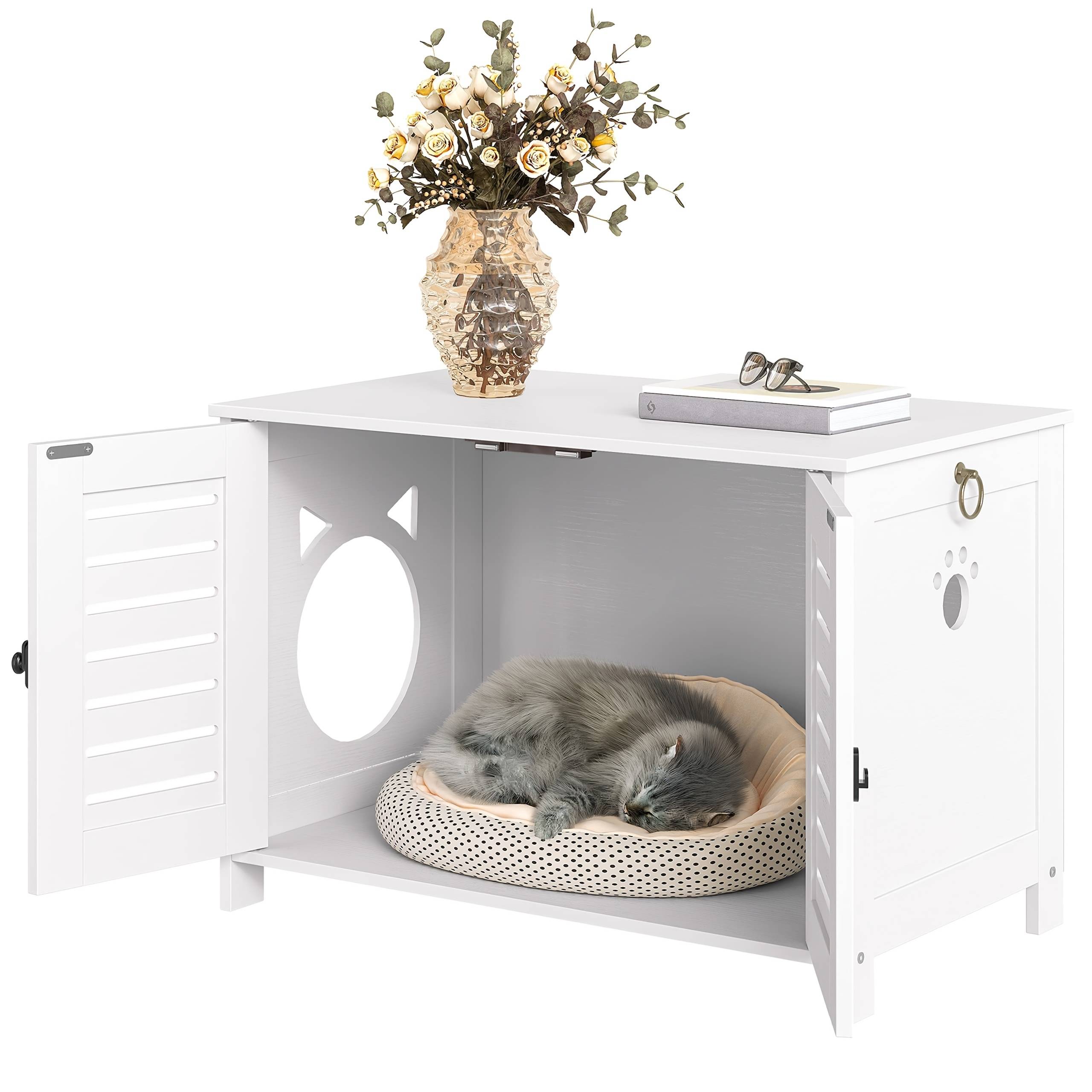TEMU White Wooden Cat Litter Box With Cute Cat Head Door, Blind-style Indoor Design, Spacious 24"x18"x20" For Cats, No Electricity Needed