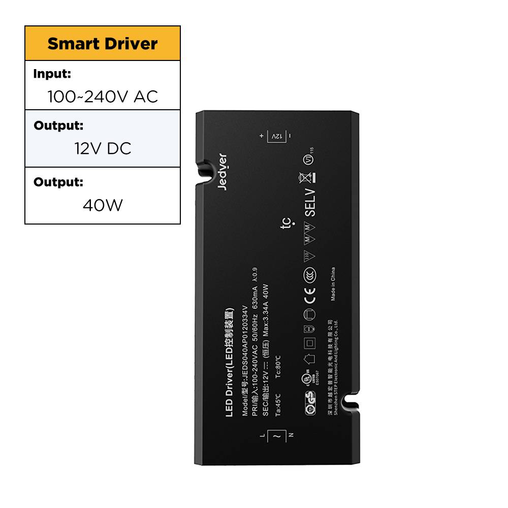 100-240V AC 40W DC 12V IP20 3.34A PF 0.9 OVP OCP SCP OTP JEDVER Thin LED Driver