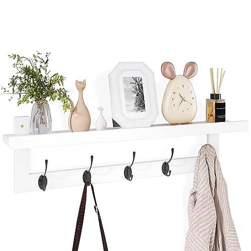 SMIBUY Klädkrokar med hylla Väggmonterad, 74 cm Entré Klädhängare för vägg, Bambu Hängande Hylla med 5 Dubbla Metallkrokar för Badrum, Sovrum, Kök, Vardagsrum, Lerrum (Vit + Svart)