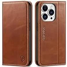 SHIELDON Fodral för iPhone 14 Pro mobiltelefonfodral TPU [äkta läder] [kortfack] [magnet] [stativfunktion] [RFID-lås] skyddsfodral läderfodral kompatibelt med iPhone 14 Pro 6,1 – brun