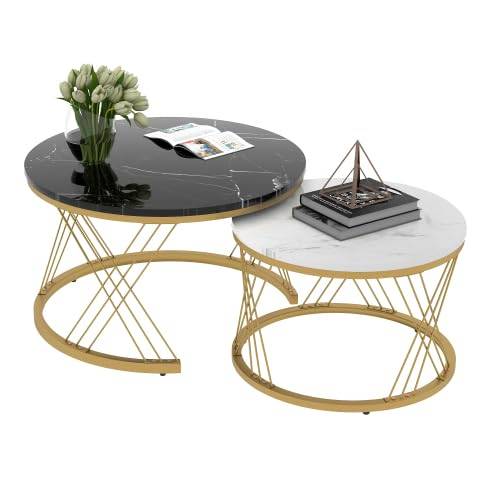 Modernt runt soffbord set om 2, sidobordsset, soffbordsset, marmor fanér soffa sidobo av bord runda slutbord, bordsset för vardagsrum sovrum, gyllene ram (svart + vit)