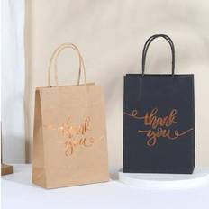 20,5 cm x 13,5 cm x 7,6 cm, 4 st/förpackning, presentpåsar i guldfolie med texten "Tack", bruna och svarta tygkassar i kraftpapper, papperspåsar för f