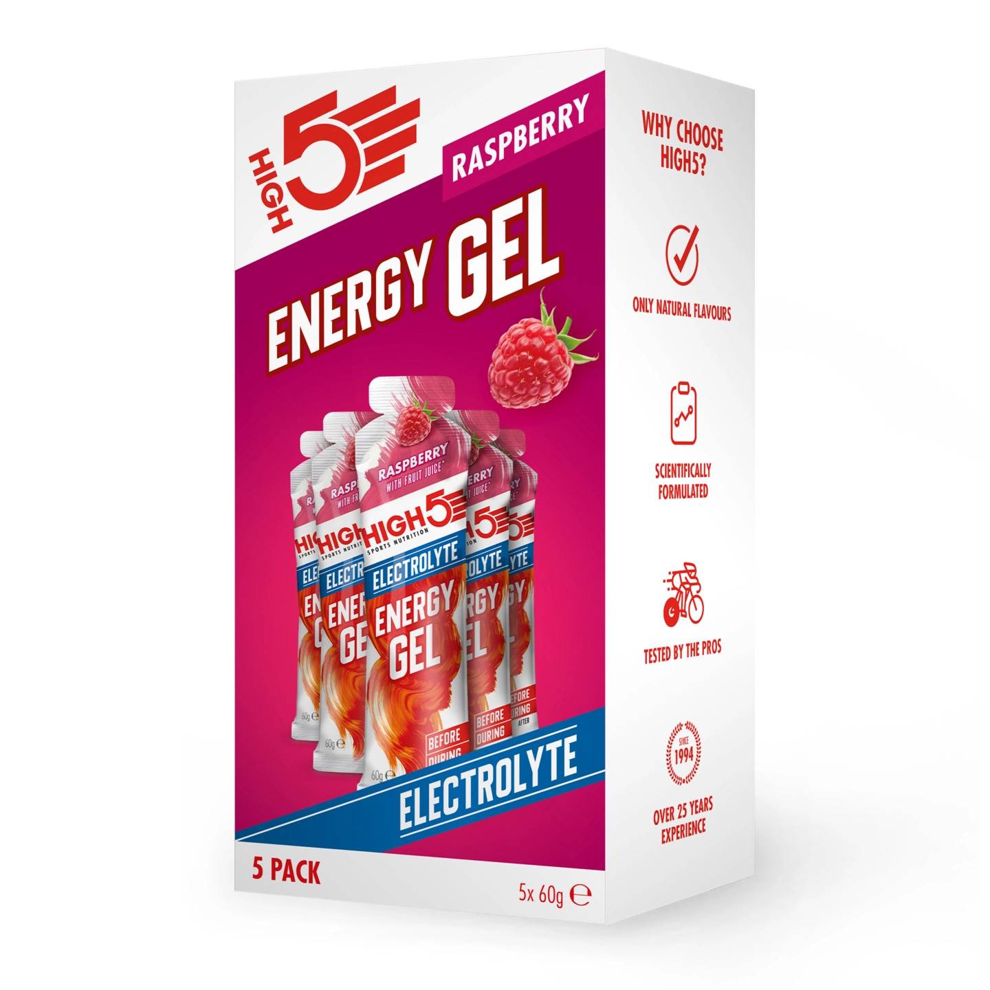 High5 Electrolyte Energigel 5 PACK DATUM Hallon, 60g, 5st