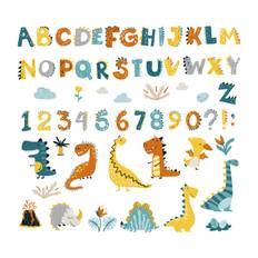 S�d dinosaur wallsticker med et farverigt alfabet. Bogstaverne A til Z samt tal fra 0-9