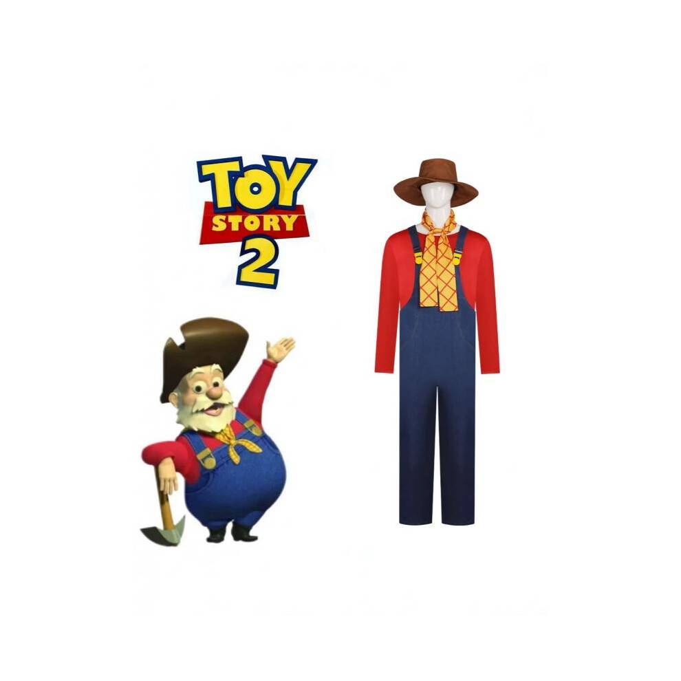 (Toy story miner pete complete set, L) Toy Story Miner Pete Cosplay Costume, Halloween Role Play Outfit for Kids Adults, with Hat Prop