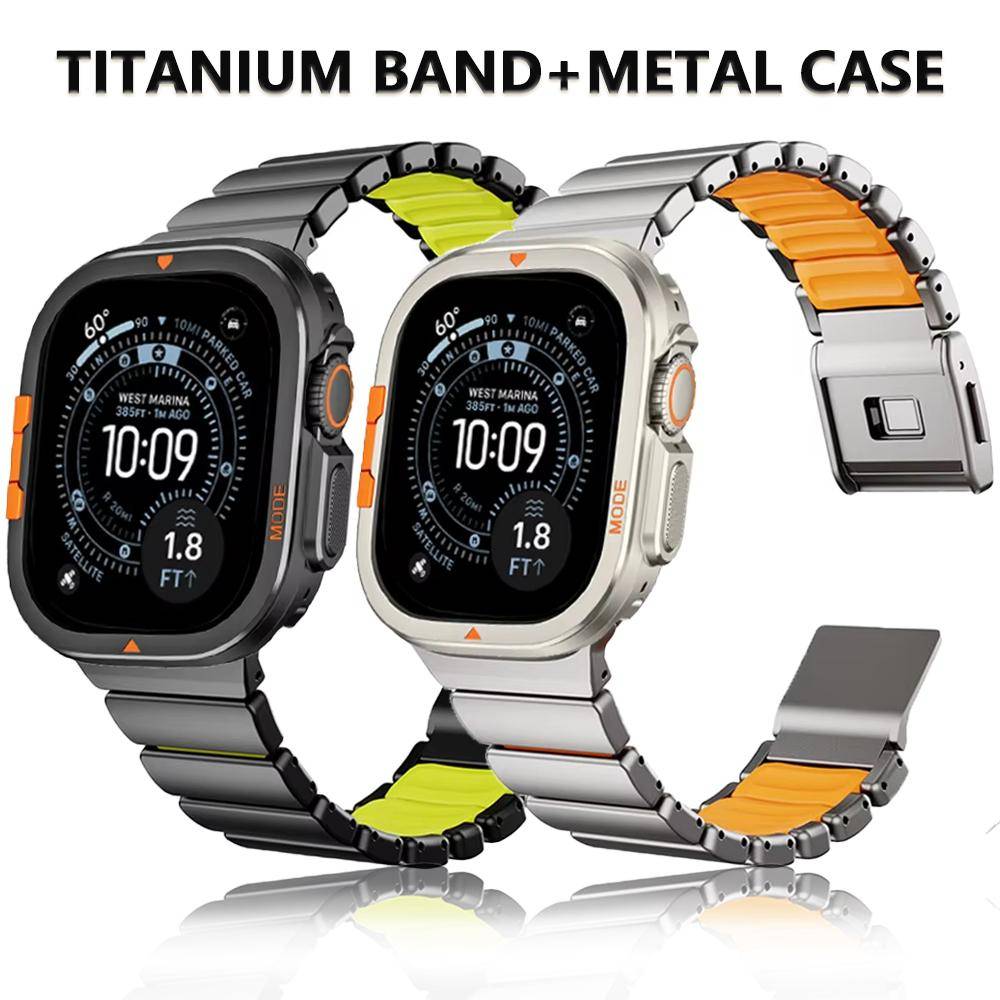 Lyxigt Titanarmband+Fodral för Apple Watch Band Ultra 3 2 49mm Metallarmband för iwatch Serie 11 10 46mm 9 8 7 6 SE3 45mm 44mm black