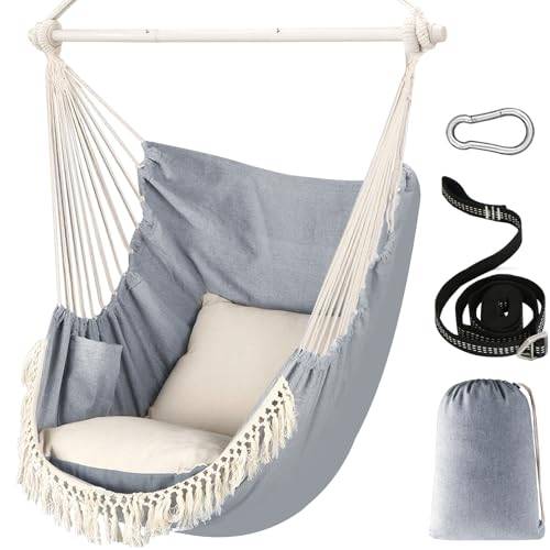 Chihee Hängesessel Hängeschaukel Maximal 500 Pfund Inklusive 2 Kissen Stahl Spreizstange mit Metall Tragbarer Hängesessel Seitentasche Großer Macrame Bohemian Stuhl Innen Außen