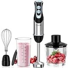 FRESKO 4-i-1 stavmixer, 1000 W effekt, 12 hastigheter och turbolägen, stänksäker design, 304 blad i rostfritt stål, inkluderar mätkopp, skärkopp och blandningstillbehör