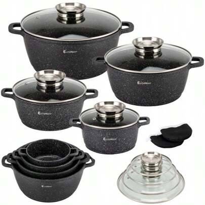 Set med 4 kastruller för induktion, kokkärlsset med induktionskokgrytset, stekpanna med non-stick-beläggning, gjuten aluminium, mrmer-beläggning, inkl - Svart mummel