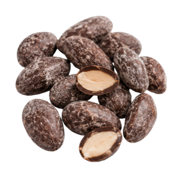 Chokoladeovertrukne, saltede mandelkerner-mørk chokolade (ru overflade)