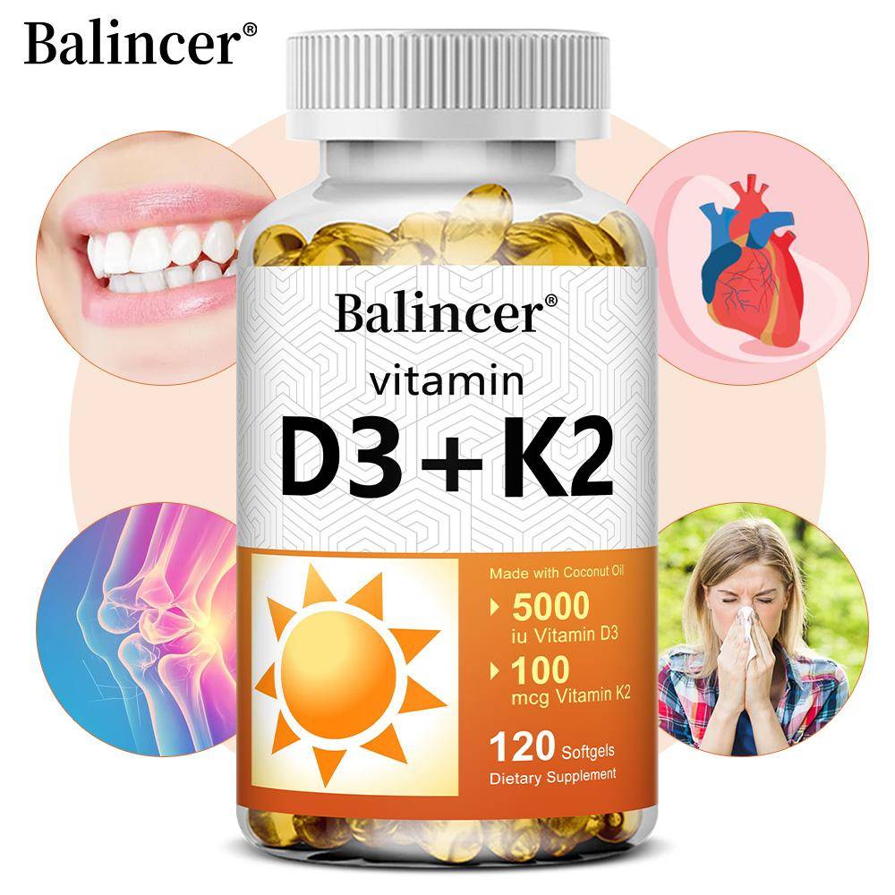 Balincer D3 K2 Mjukkapslar, 5000 IE, 100 mcg K2 MK-7, Kokosolja, 120 Kapslar