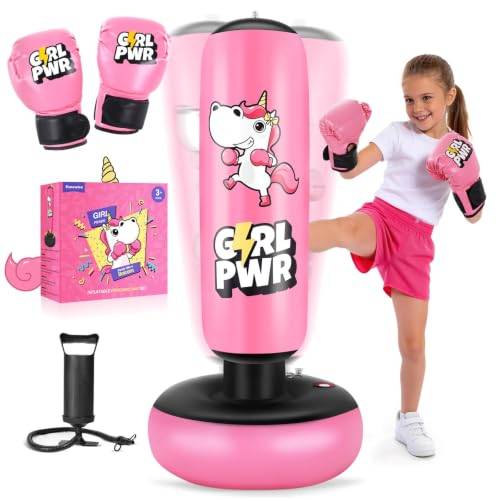 Uppblåsbar boxningspåse på 167,6 cm för barn med boxningshandskar för flickor mellan 3 och 12 år, stabil boxningssats för att öva på karate, taekwondo, leksaks-enhörning och present för flickor