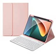 kaitesi Tangentbordsfodral för iPad 6:e 5:e generationen iPad Air 2 9,7 tum tangentbordsfodral konkav tangenter rörligt Bluetooth-tangentbord smart fodral med pennhållare (rosa + vit)