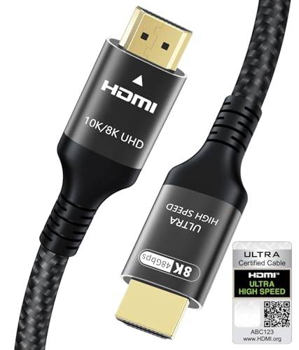 Adauxter 10K 8K HDMI 2.1 Cable 2.5M, Certified 48Gbps Ultra High Speed HDMI Cable with Ethernet 4K 240Hz 165Hz 144Hz 120Hz 8K60Hz eARC HDCP2.3 HDR10+ PC Laptop TV Monitor PS5 X-Box