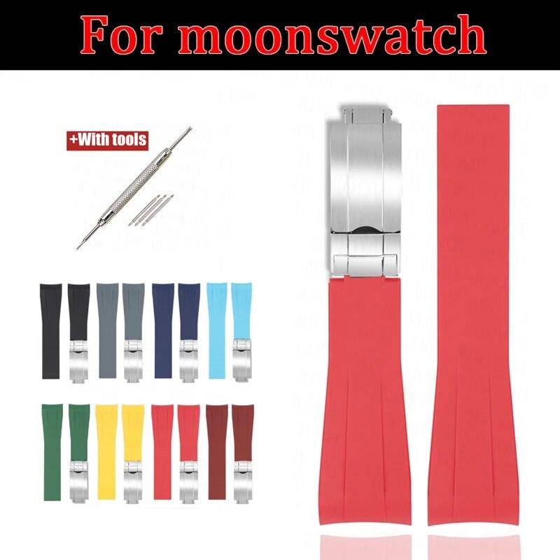 Böjt klockarmband av gummi för Omega x Swatch Moonswatch Rostfritt stål fällbart spänne Herr Dam tpu-bälte för Rolex 20mm white