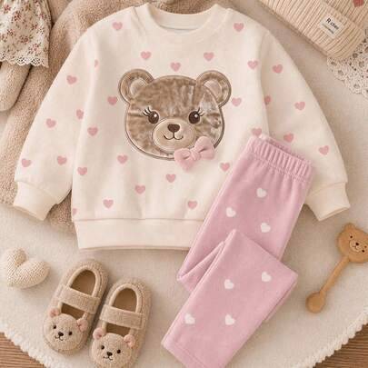 2-delat set för babyflicka i varm havrefärg med söt rosett- och björnapplikation i broderimönster, avslappnad mjuk och bekväm lös sweatshirt med rund - Multifärgad (6-9M,9-12M,12-18M,18-24M,2-3Y,3-6M)