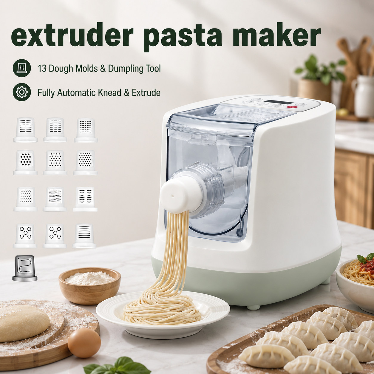 Fully Automatic Electric Pasta Maker Household Multifunctional Noodle Machine, 13 Dough Molds & Dumpling Tool, Electric Pasta Extruder for Spaghetti Fettuccine Fresh Pasta