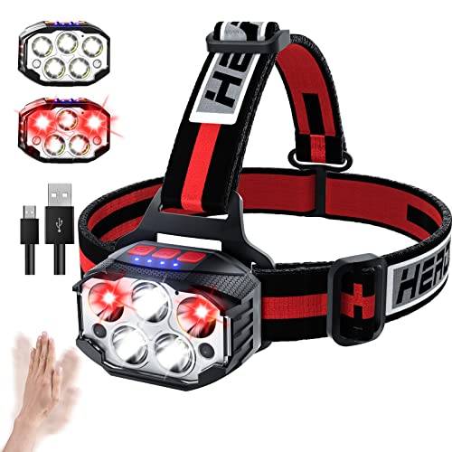 Pannlampa 1100 Lumen LED Uppladdningsbar med Rörelsesensor, 14-läges Pannlampa med Rött Ljus, USB, 90° Justerbar, IPX4 Vattentät för Löpning, Camping, Vandring och Nattarbete