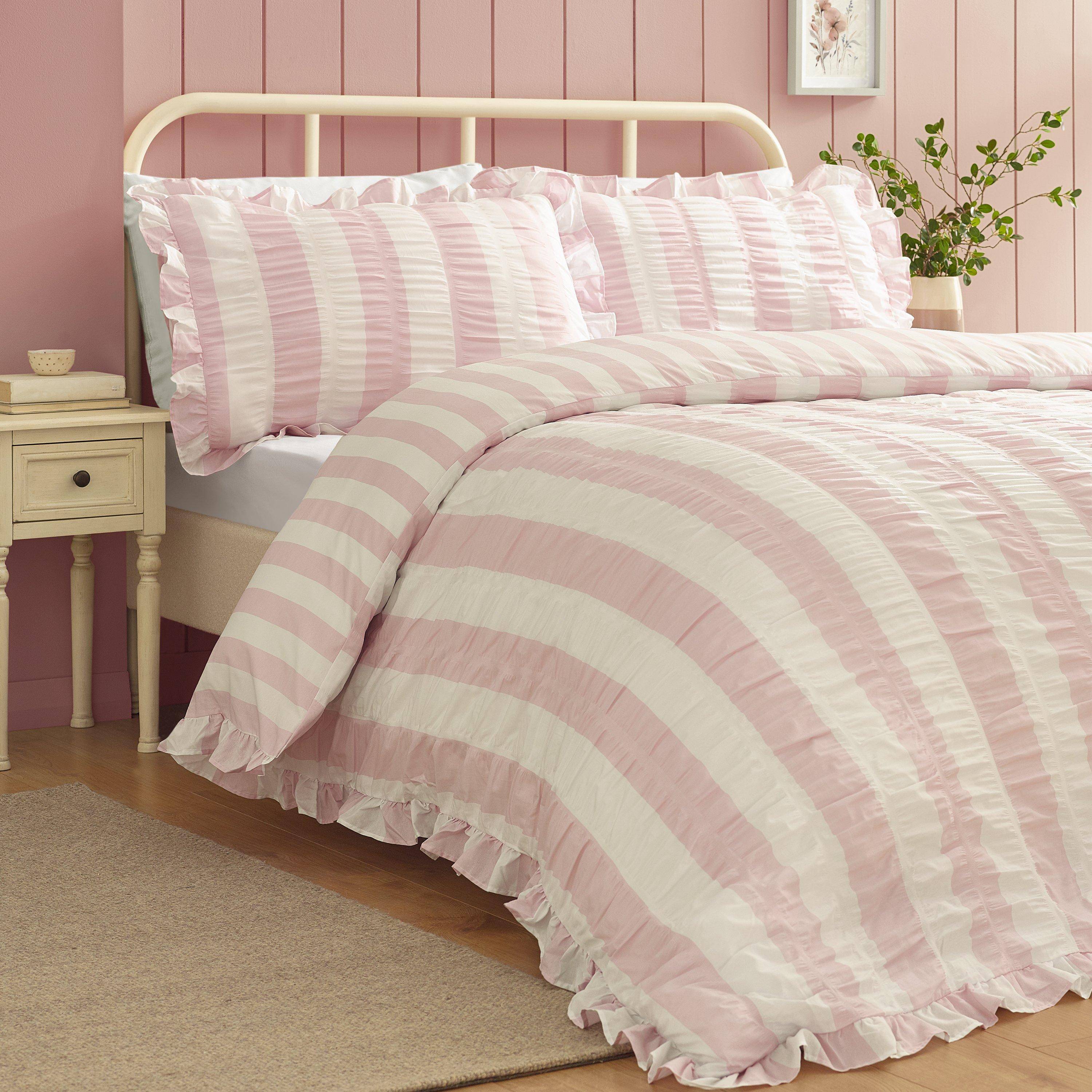 Catherine Lansfield Seersucker Frill Stripe Duvet Cover Set
