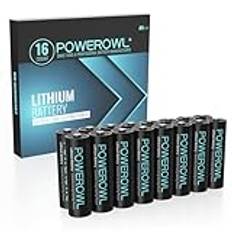 Powerowl AA-batterier på 1,5 V, 16 st. litiumbatterier (icke-uppladdningsbara) för tekniska apparater, med hög kapacitet och hållbara