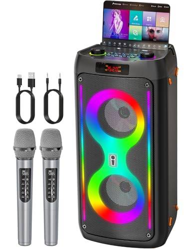 Karaoke-Maschine, Bluetooth-Lautsprecher mit 2 kabellosen Mikrofonen