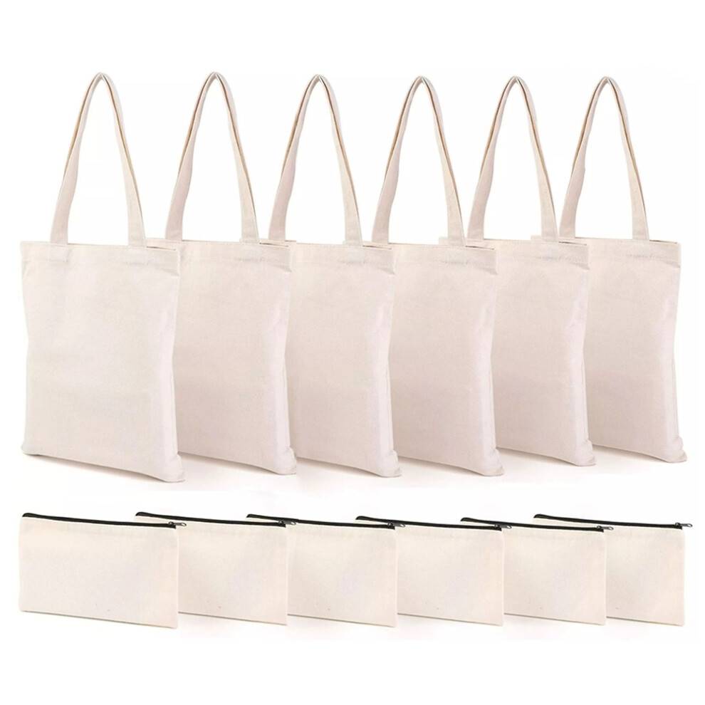 Canvas Pencil Pouch Tote Bags,DIY Blank Makeup Bags with Zip Canvas Pen Case DIY Reusable Shopping Grocery Bag