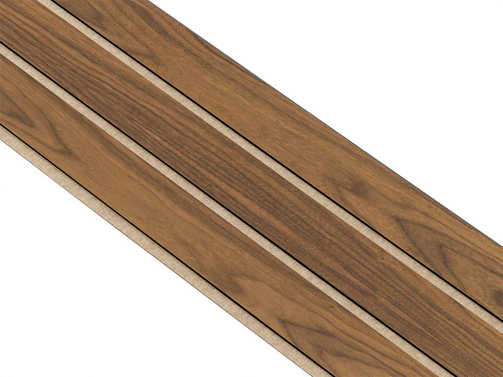 I-Wood Basic 3-lamel paneler med valnød finer, sort kerne i klar oliering - mål 17 x 300 x 2400 mm.
