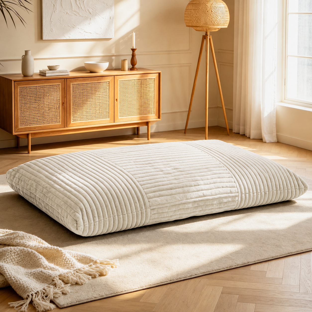 Convertible Bean Bag with Soft Ribbed Corduroy Cover, Memory Foam Floor Mattress Bed with Machine-Washable Cover, 180L x 125W cm, White Aosom UK