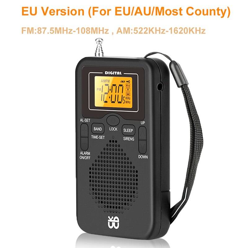 Mini radio bärbar am/fm dubbelband stereo väder fickradiomottagare med skärm display digtail väckarklocka radio - Eu-version