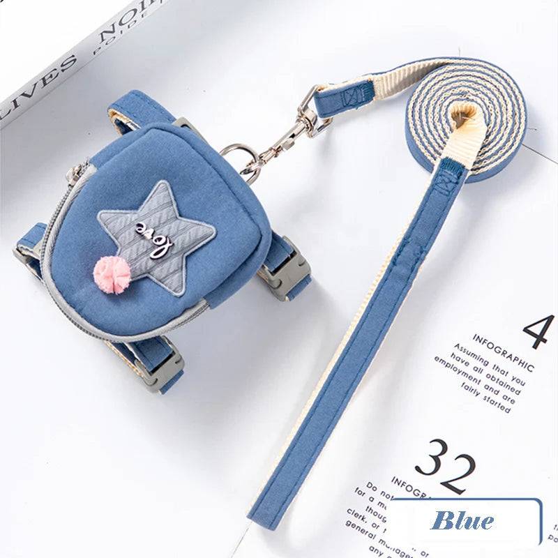 Cartoon Print Cat & Dog Harness with Leash Set and Snack Bag - Blue Star / L-suit 5-8kg / SPC (L-suit 5-8kg)