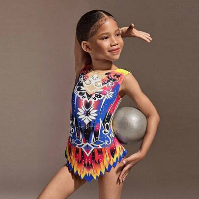 Ärmlös gymnastikdräkt med tryck för flickor, bekväm och hudvänlig, åtsittande design för att förhindra exponering, lämplig för rytmisk gymnastik, skol - Multifärgad (6Y,7Y,4Y,5Y)
