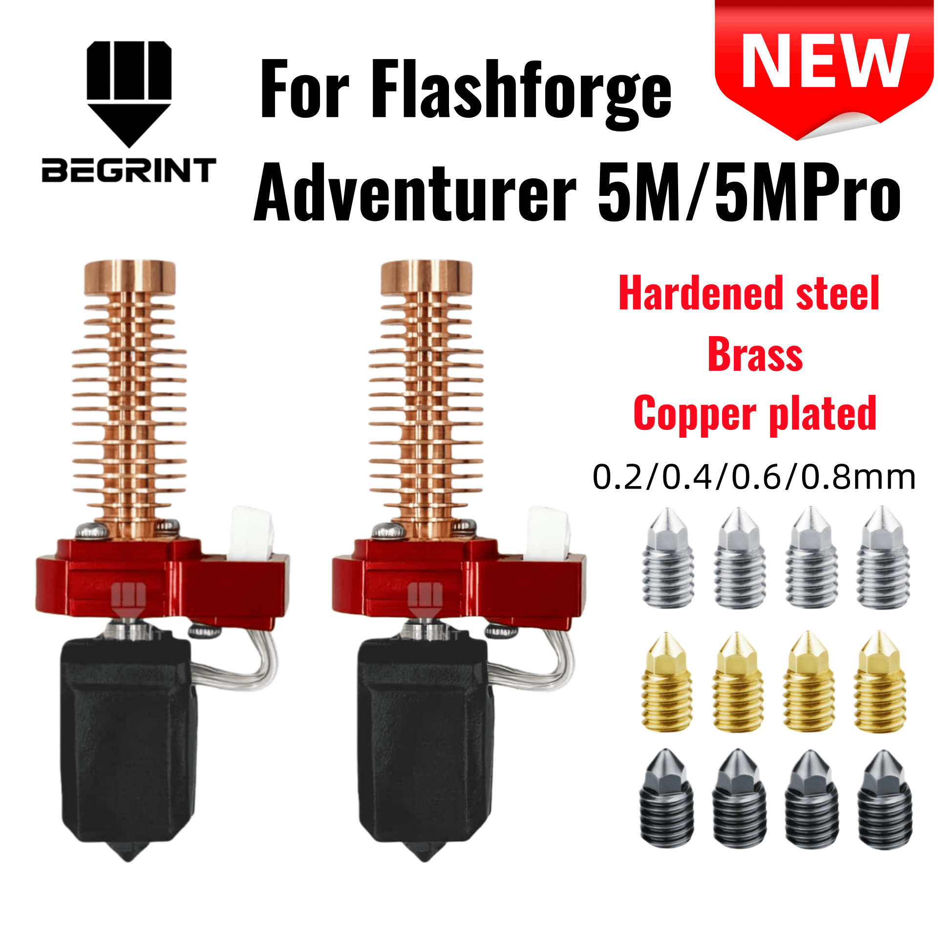 For Flashforge Adventurer 5M Upgraded Hotend 0.2/0.4/0.6/0.8mm Hardened steel nozzle Replace Hot End AD5M Pro Ceramic Hotend
