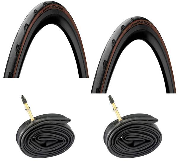 2 Dæk + 2 Slanger Continental Grand Prix 5000 700x25C Brune Dæksider 48mm Racer Ventil