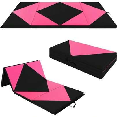 Vikbar gymnastikmatta, 240*117*5cm mjuk golvmatta med 2 bärhandtag & kardborrefästen, gymnastikmatta för gymnastik, yoga & lek, sportmatta, fitnessmat - Rosa