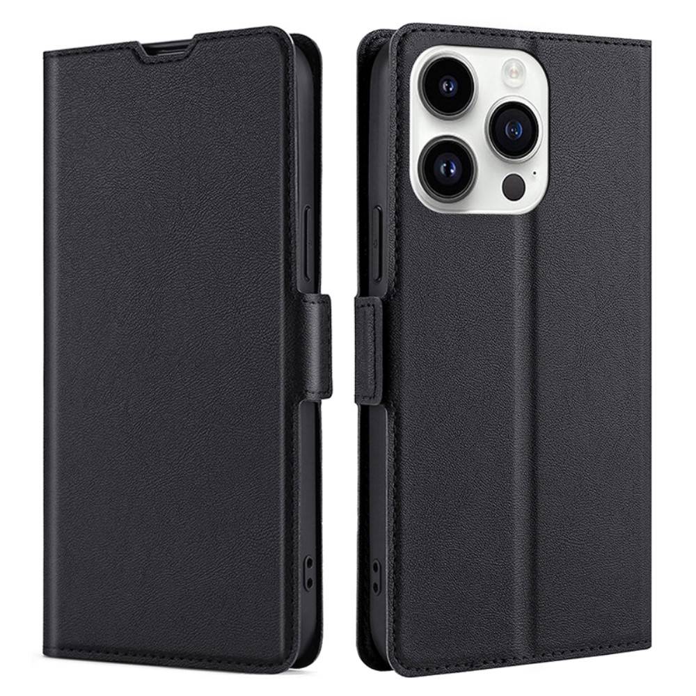 For iPhone 15 Pro Max Phone Case Shockproof Card Slot TPU+PU Leather Shell Phone Stand Cover - Black