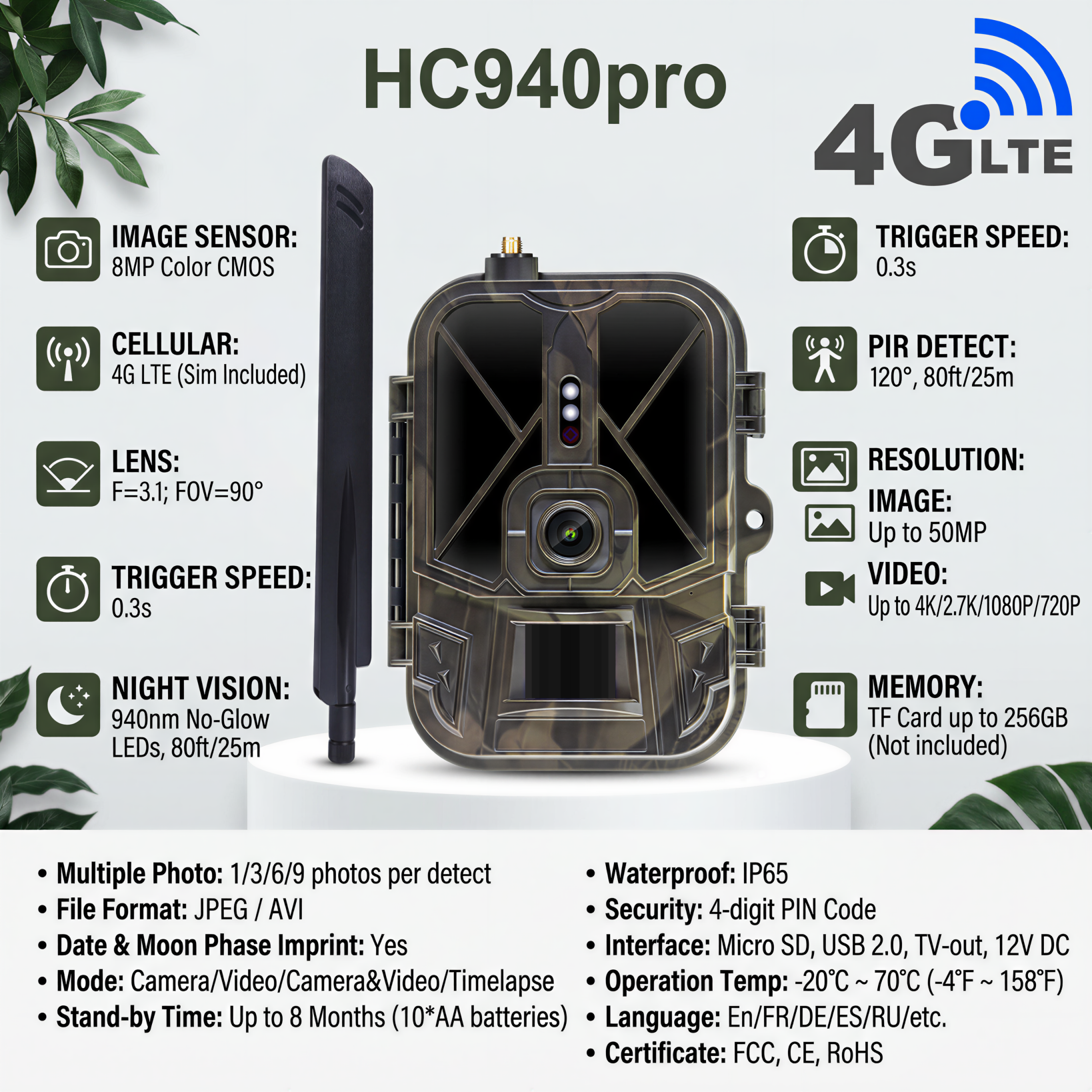 4G Hunting Camera 4K 120MP with APP Control Night Vision Wildlife Reconnaissance 8000MA Lithium Battery