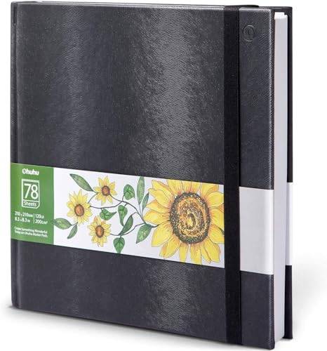 Ohuhu Skissbok för Spritmarkörer - 200gsm (120lb) Syrafri Pappersblock för Konstnärer, 156 Sidor (78 Ark), 21x21cm Kvadratisk, Lättriva Ark för Teckning och Skisser