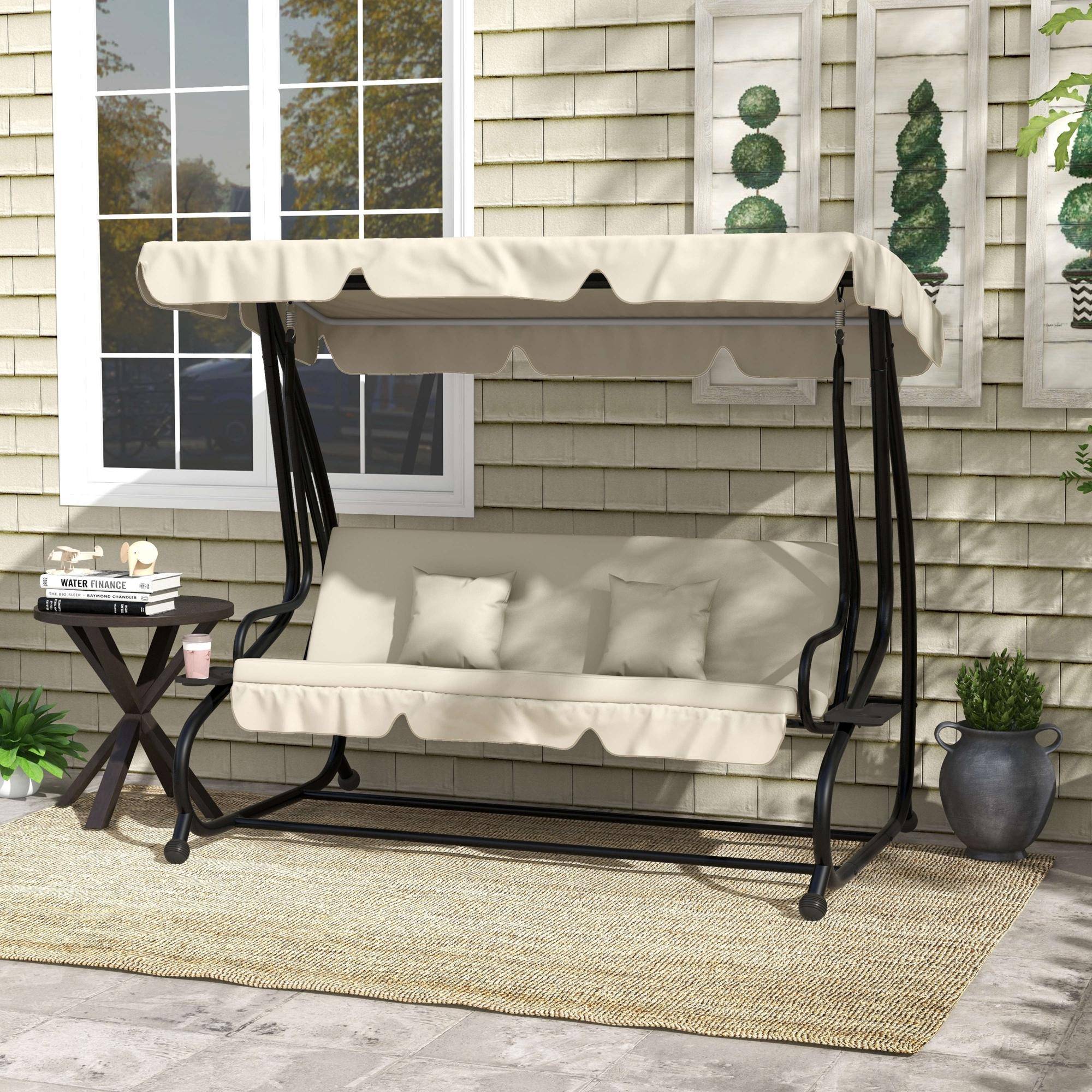 Verandagynge med lænefunktion, 3-personers havegynge med justerbart tag, sidebord, vandafvisende gyngebænk, lasteevne op til 340 kg, til haven, 200 x 120 x 164 cm, cremehvid