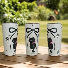 1 st 20oz/600ml Black Bow Kitten Dubbellagers Rostfritt stål vakuumisolerad kylmugg, kaffemuggar, muggar, muggar, händiga muggar, campingkaffemuggar, (svart rosett kattunge)