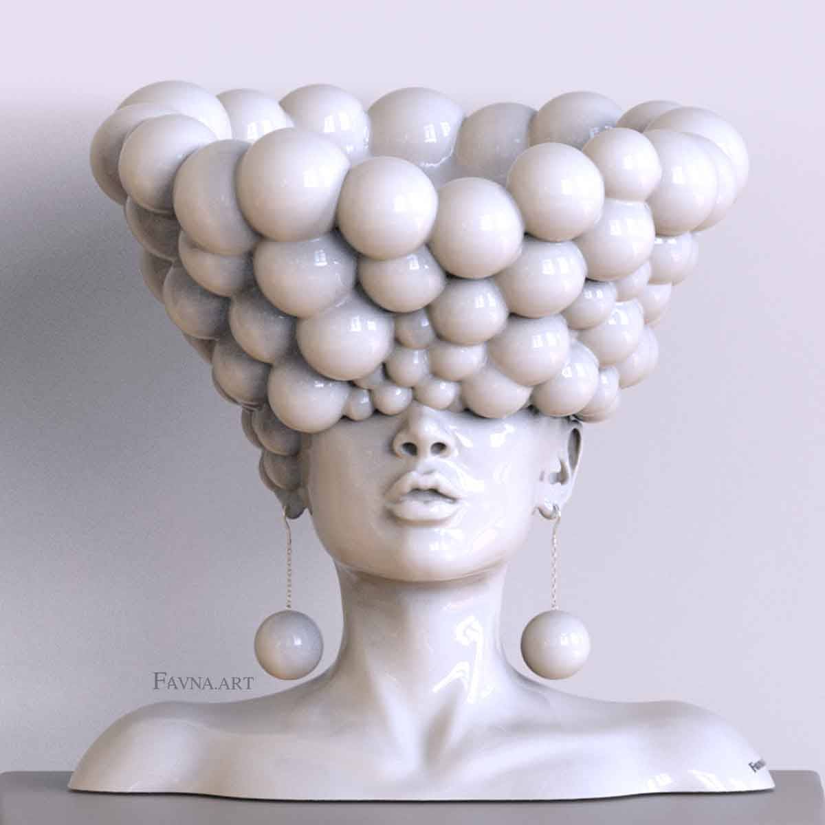 Female Bust Sculpture “Thoughts” – White - H: 41 cm | 16.5 ′′ (H: 41 cm | 16.5 ′′)