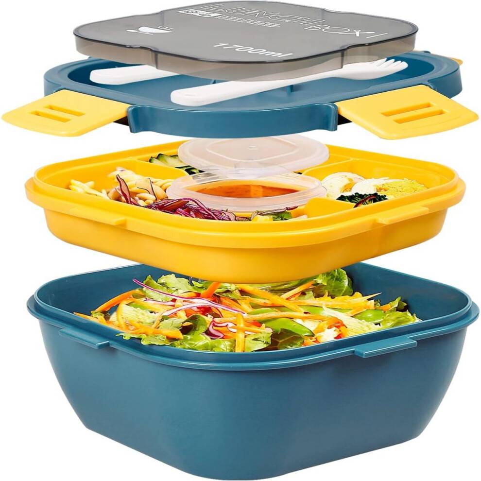 Salatbeholder til frokost, salatbeholder med ispose holder maden frisk, lækagesikker BPA-fri 1700 ml, 3 rum og saucebeholder, sikkert materiale