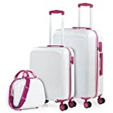 ITACA - Barnens resväska Set 3 Pzs. Medium resväska och kabin resväska. Resväskor Set med toalettväska. Robust och lätt med lås TSA, Vit-Fuchsia