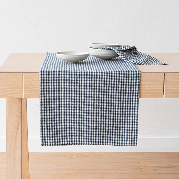 Bordløber i hør, indigo, Small Gingham