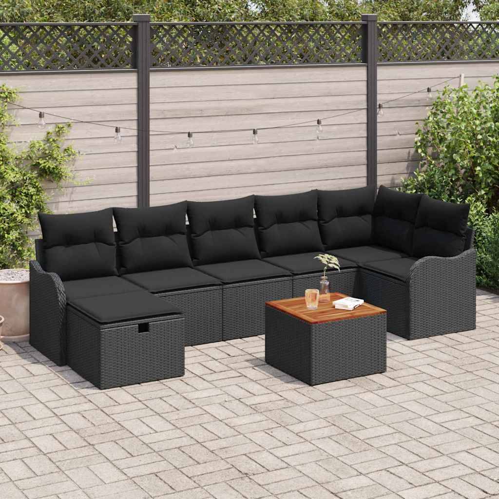 vidaXL Trädgårdsoffset med kudde med lagring 8 pcs Svart Poly rattan