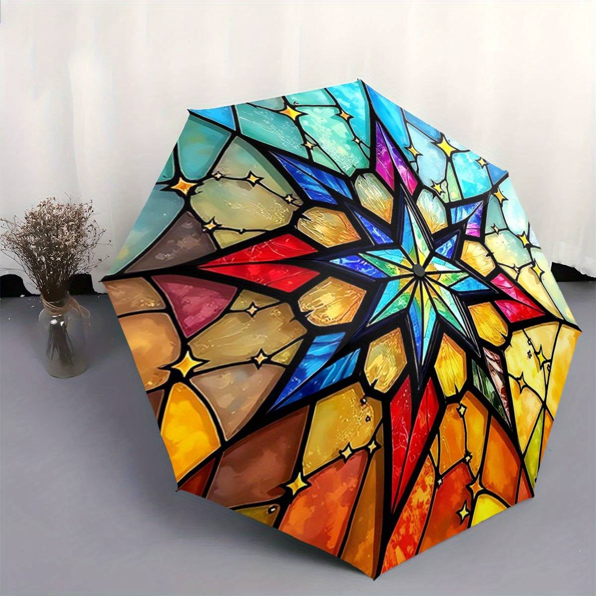 Automatic Folding Umbrella Stained-glass Starburst. Portable Collapsible Design, Casual Outdoor Accessory, For , Christmas Birthday Festival Gift