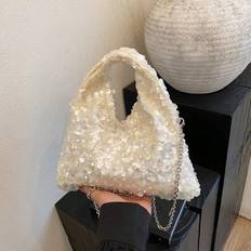 Snygg tygväska för kvinnor, bucket bag, moderiktig enkel elegant lyxig festväska med paljettdekor och metallisk kedja, vit - Vitt