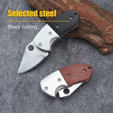 Utomhus EDC kompakt hopfällbar fickkniv, rostfritt stål & trähandtag, bärbar med nyckelring för paketöppning - Redwood (En bit)