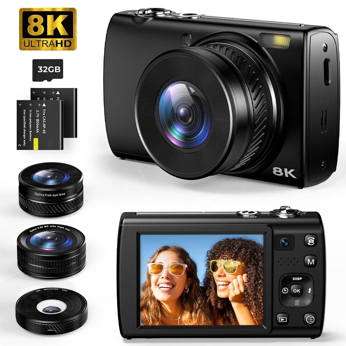KENTFAITH 8K 88MP Digital Camera with 30X Macro/Wide-angle/Fisheye Lens, Dual Sony Sensor, 6-gyro Stabilization, Dual Batteries, 32G Card, Kentfaith