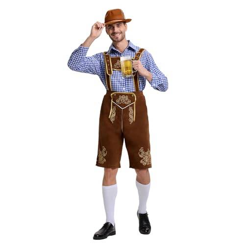 Beeoecm Oktoberfest Herren Outfit, Deutsch Bayern Oktoberfest Kostüm Herren Bayerische Kleidung Set mit Abnehmbarem Lätzchenträger, Hemden, Kniesocken und Bayerischen Filzhüte (Blau, XL)