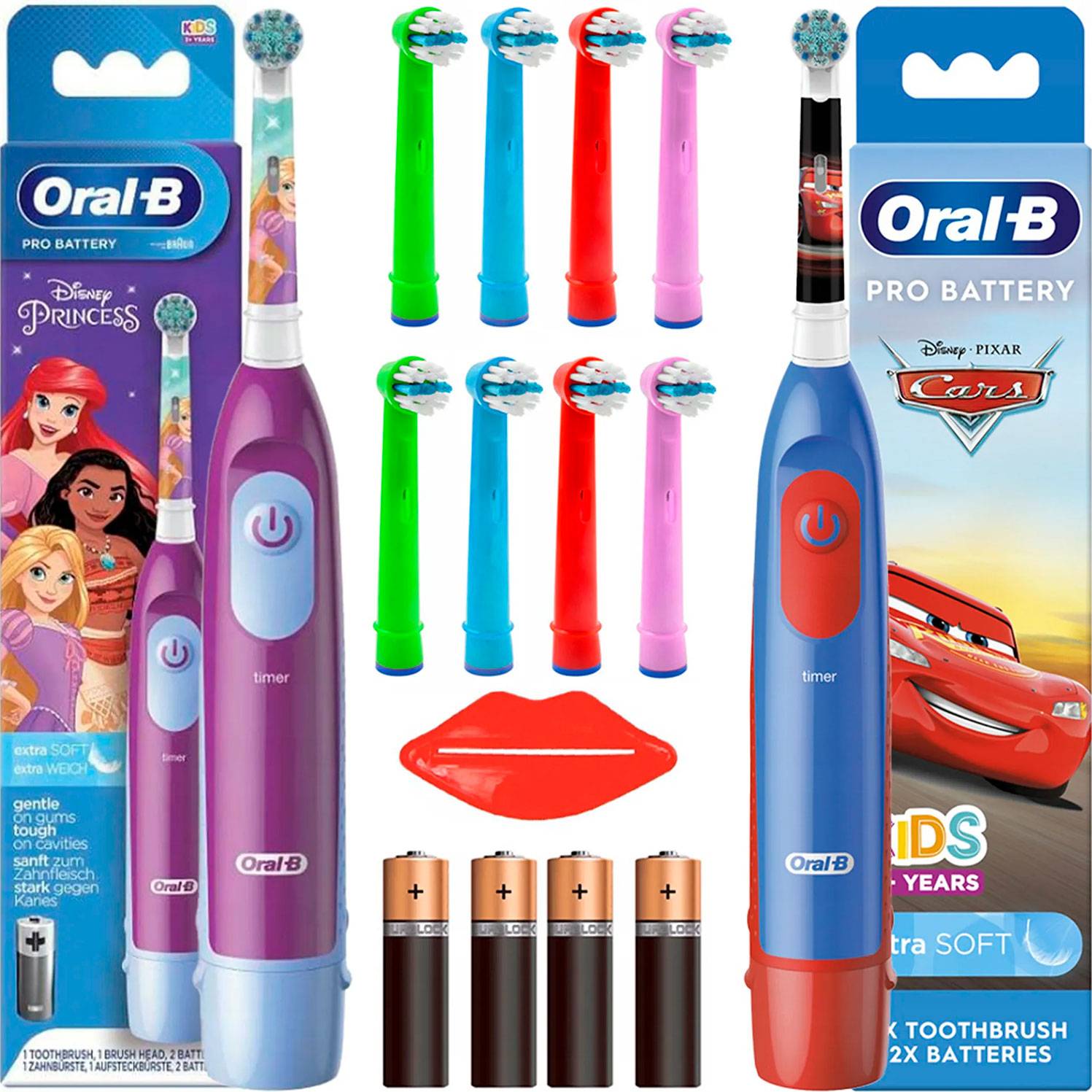Paketerbjudande: 2 st. Oral-B batteritandborstar för barn + 10 Borsthuvuden + 2 Tubklämmor